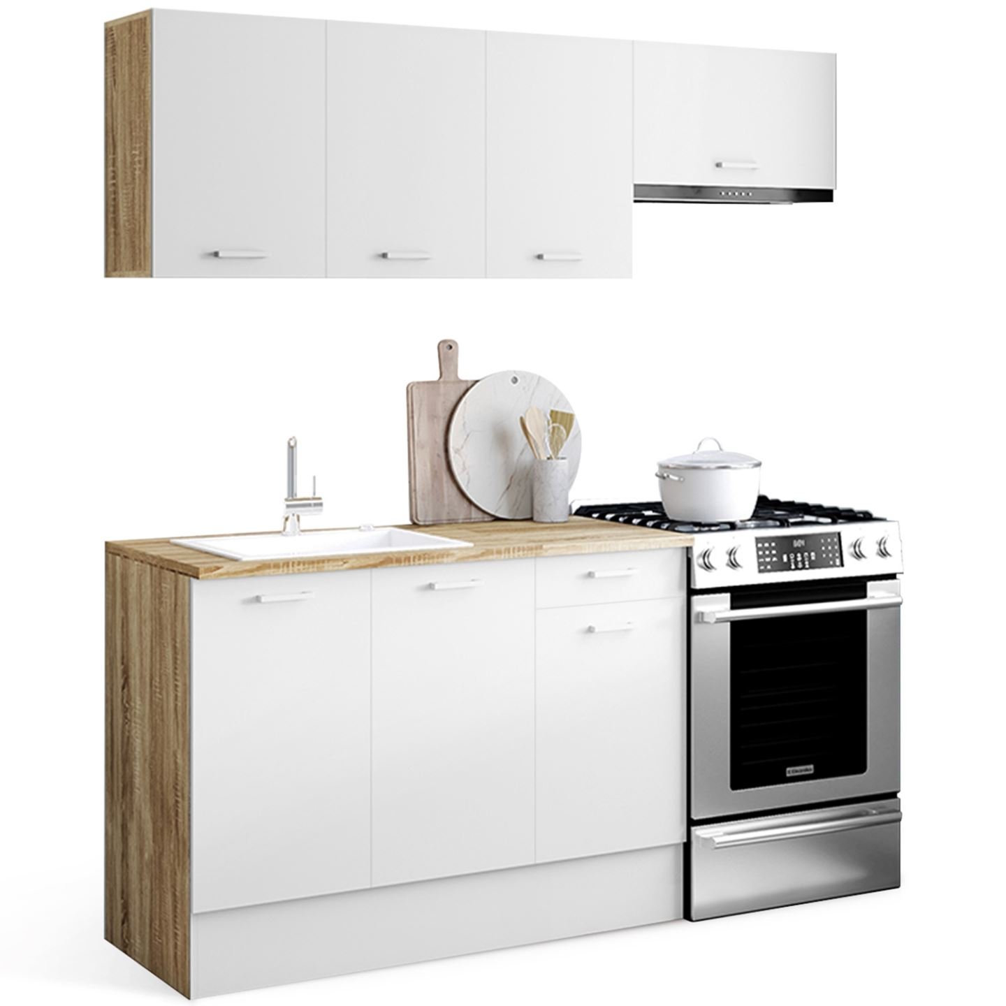 Cocina completa SUBTIL de 180 cm con 5 elementos de encimera de madera y blanco - Imagen de 4