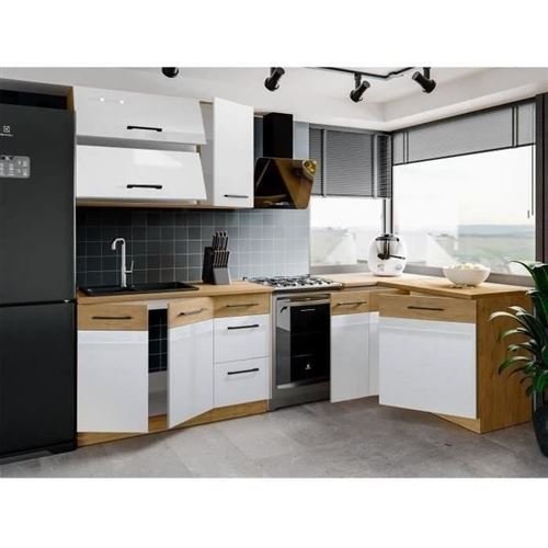 Cocina completa en esquina - Melamina roble Lancelot y gris Matera - 270 x 150 cm - Encimera no incluida - Imagen de 4